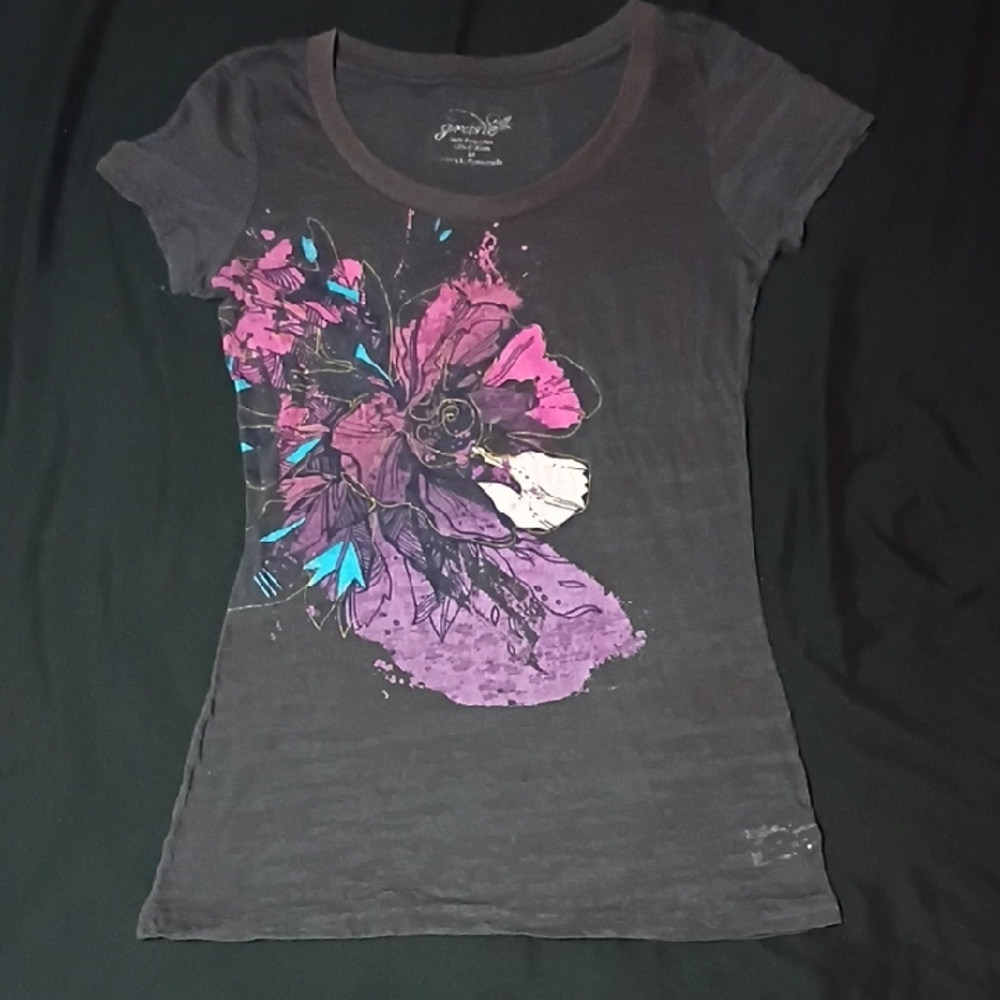 Grane Black Short Sleeve Scoop Tee with Purple & Pink Floral Print